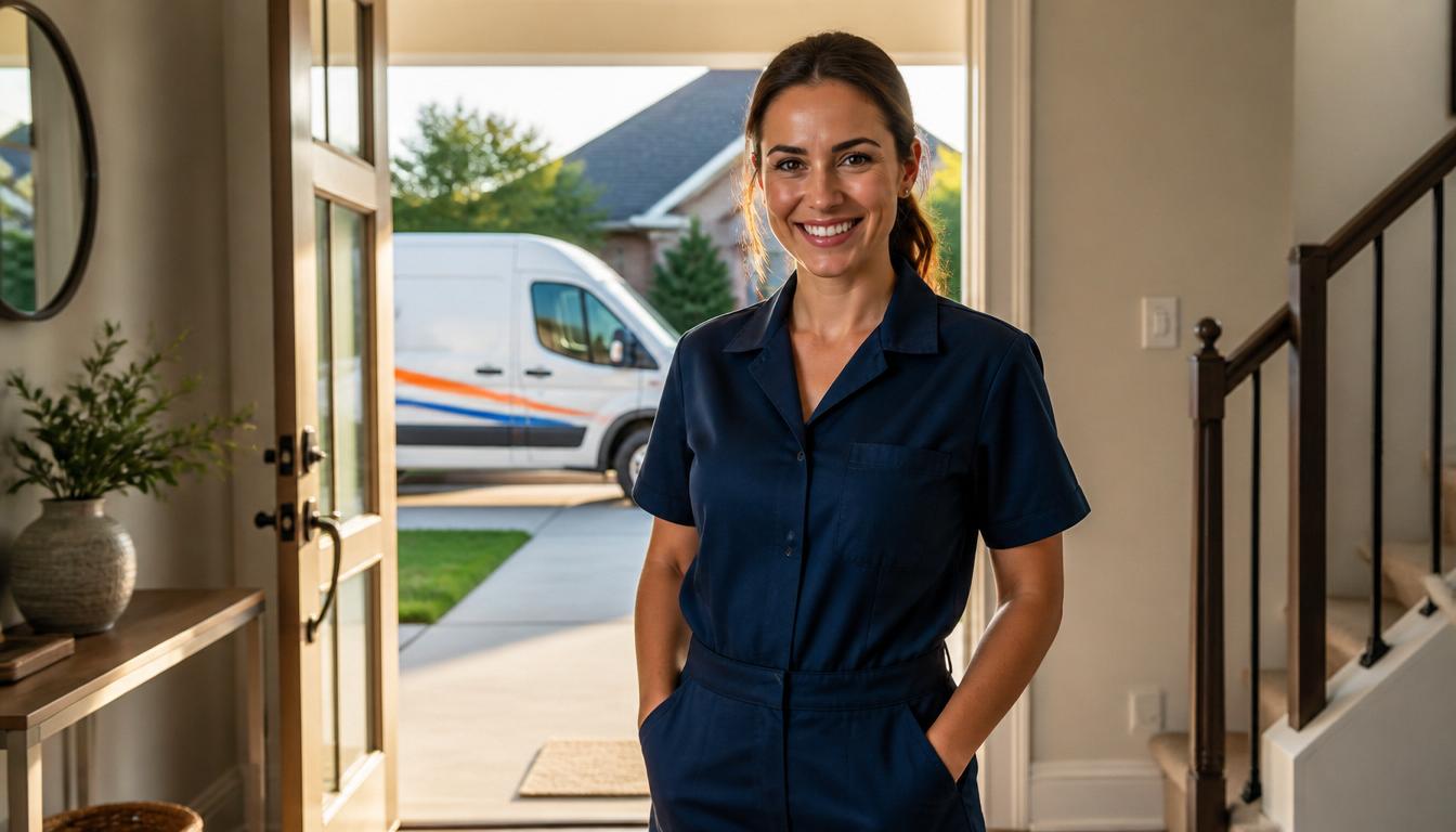 Friendly local cleaning professional in a navy uniform standing in a Dallas–Fort Worth home entryway with a company van visible outside.