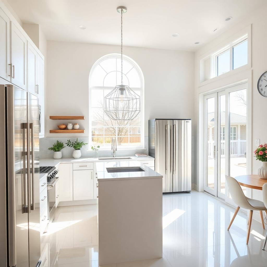 Bright, freshly cleaned Dallas kitchen with sunlight coming through arched windows.