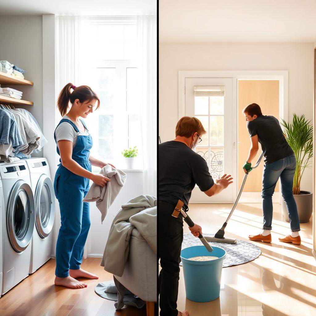 Housekeeper folding laundry beside a professional house cleaning team scrubbing a Dallas home.