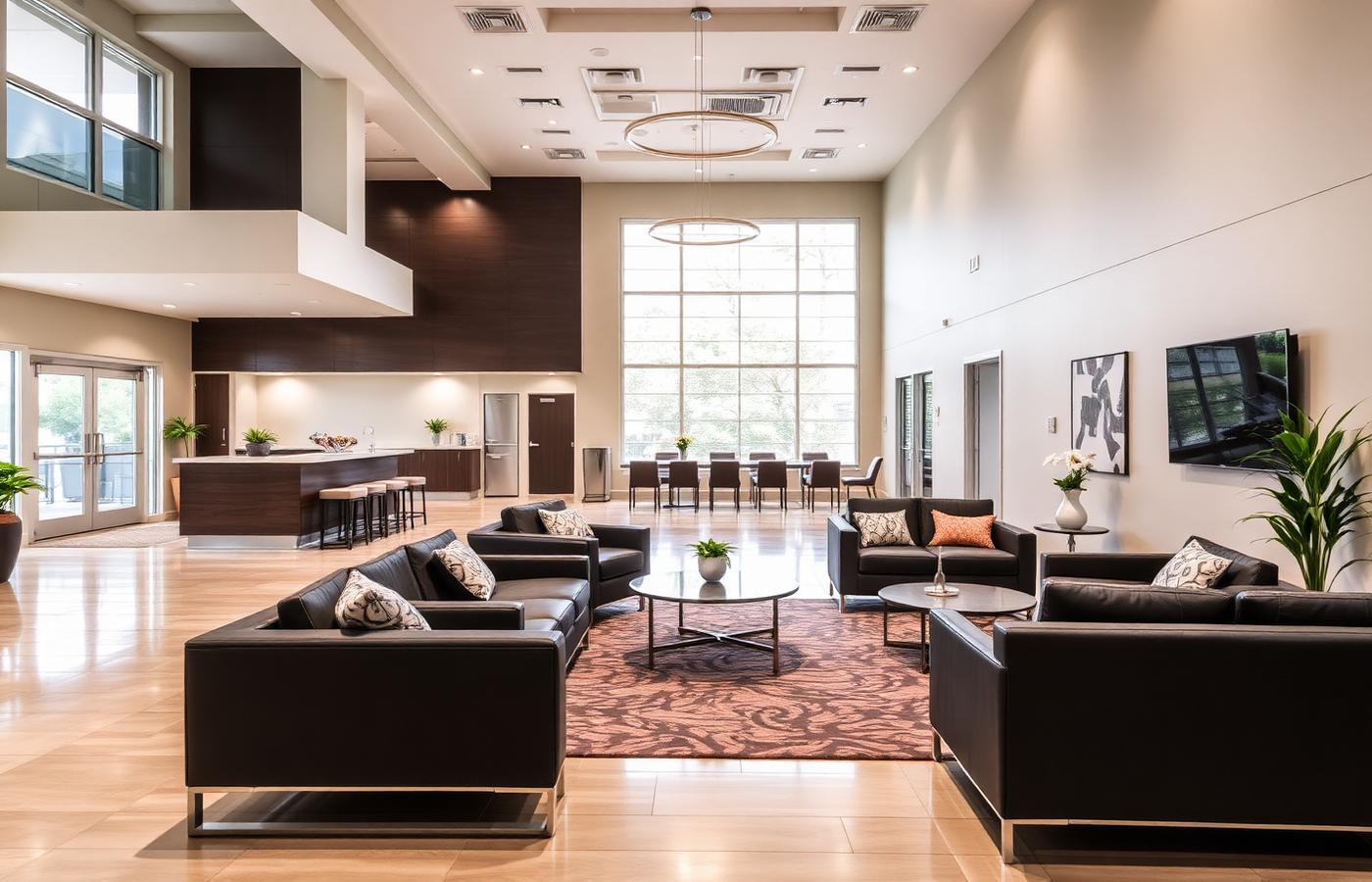 Modern apartment clubhouse and leasing lobby professionally cleaned